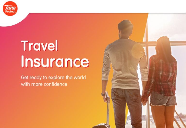 Picture of man and lady holding hands. this is an advert for travel insurance